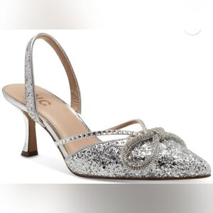 INC International Concepts Silver Glitter Slingback Heels with Crystal Loop
